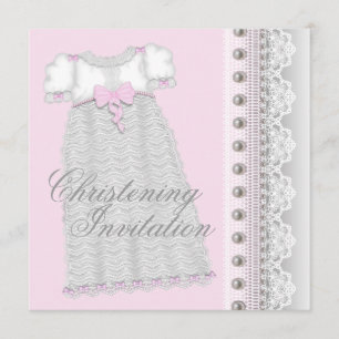 Invitation Robe bébé fille Perles d'Argent Rose Baptême