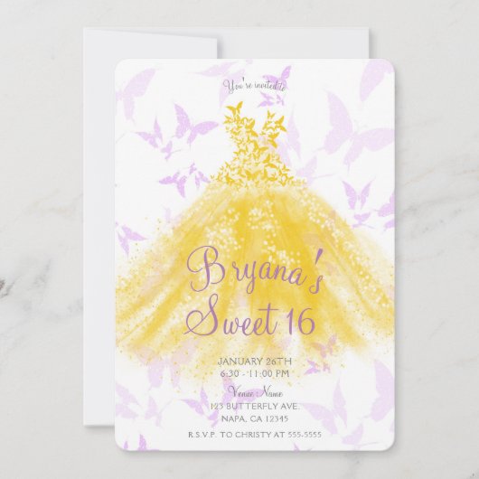 Invitation Robe Beurre Lilac Jaune Robe Douce 16 Partie (Devant)