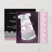 Invitation Robe blanche croix bébé fille rose noir baptême (Devant / Derrière)