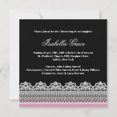 Invitation Robe blanche croix bébé fille rose noir baptême (Dos)