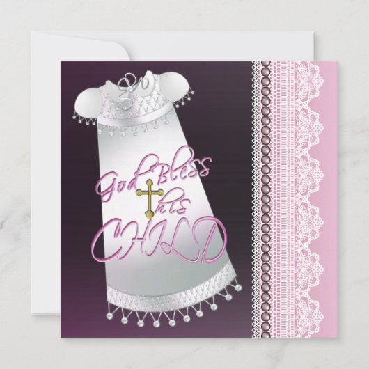 Invitation Robe blanche croix bébé fille rose noir baptême (Devant)