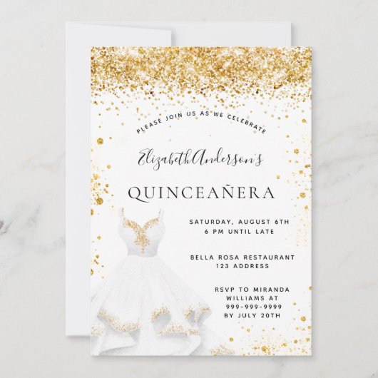 Invitation Robe blanche en or parties scintillant Quinceanera (Devant)