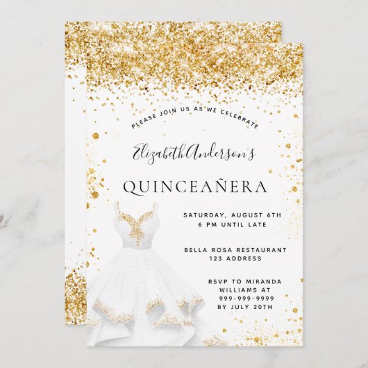 Invitation Robe blanche en or parties scintillant Quinceanera (Devant / Derrière)