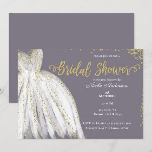 Invitation Robe Blanche Paillettes Dorées Gris Violet Enterre