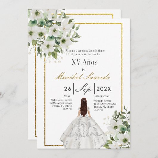 Invitation Robe blanche quinceañera (Devant / Derrière)