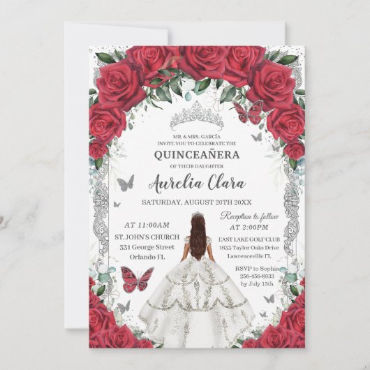 Invitation Robe blanche Quinceañera Roses rouges Roses floral (Devant)