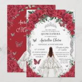 Invitation Robe blanche Quinceañera Roses rouges Roses floral (Devant / Derrière)
