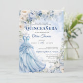 Invitation Robe bleu Boho & tiara hydrangea et roses blanches (Debout devant)