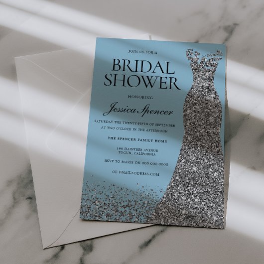 Invitation Robe bleu clair et argentée pour la douche de la m
