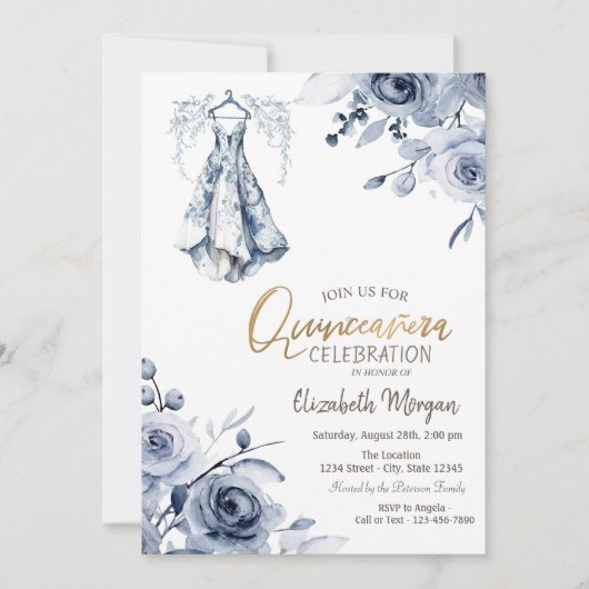 Invitation Robe bleu clair Fleurs Roses Quinceañera (Devant)