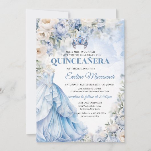 Invitation Robe bleu et ivoire bleu princesse bleue (Devant)