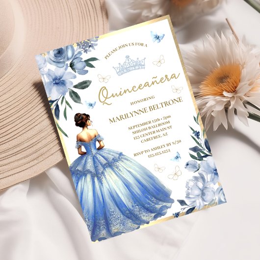 Invitation Robe bleu Floral Papillon Quinceañera