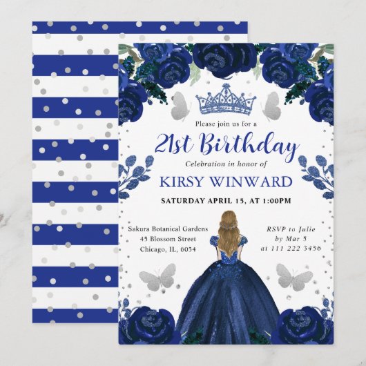 Invitation Robe bleu foncé Princesse blonde Anniversaire (Devant / Derrière)