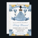 Invitation Robe bleu foncé Robe foncée Princesse Douce 16<br><div class="desc">Elégante aquarelle couleur peau foncée princesse dans le design robe bleu poussiéreux avec fleurs bleu et or,  ballons et confettis parties scintillant or.</div>