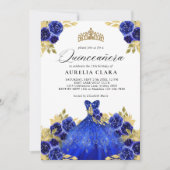 Invitation Robe bleu glam Aquarelle florale 15e Quinceañera (Devant)