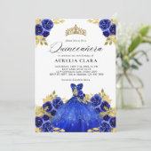 Invitation Robe bleu glam Aquarelle florale 15e Quinceañera (Debout devant)