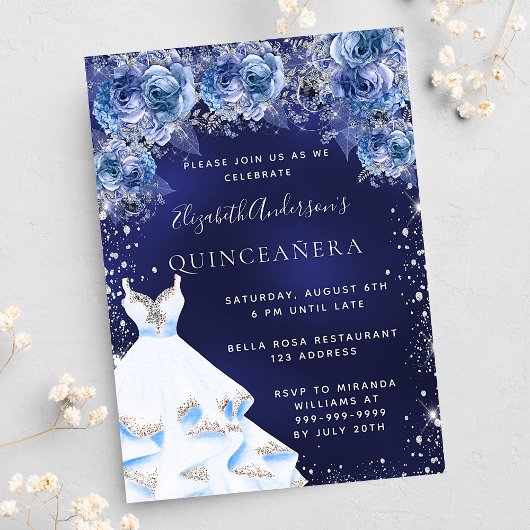 Invitation Robe bleu marine Quinceanera florale glamour