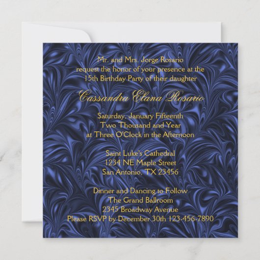 Invitation Robe bleu or bleu bleu marine Quinceanera (Dos)