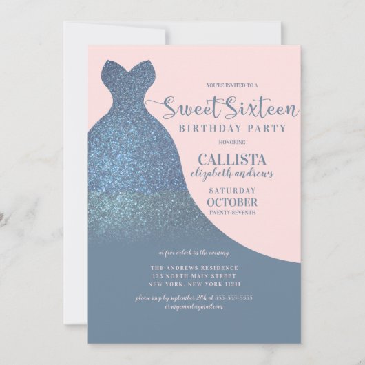 Invitation Robe bleu roux rose brillant Parties scintillant d (Devant)