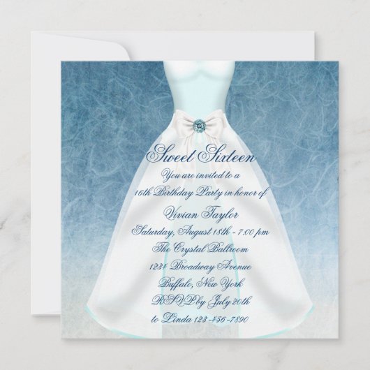 Invitation Robe bleu sarcelle fête de 16 ans (Devant)