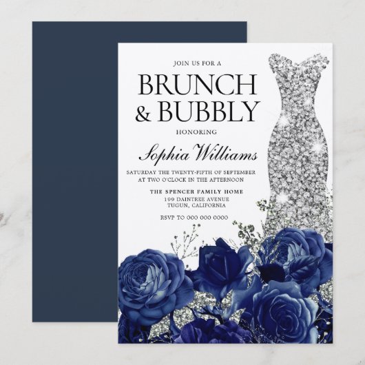 Invitation Robe Bleue Argent Brunch & Fête des mariées Bubbly (Devant / Derrière)