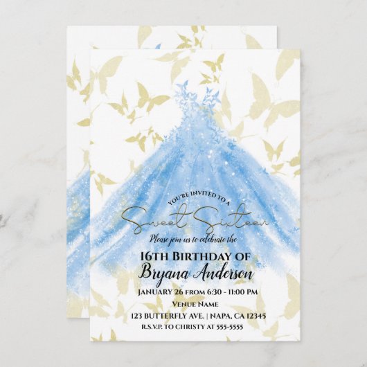 Invitation Robe Bleue Bleue Bleu Bleu Or Douce 16 Partie Inv (Devant / Derrière)