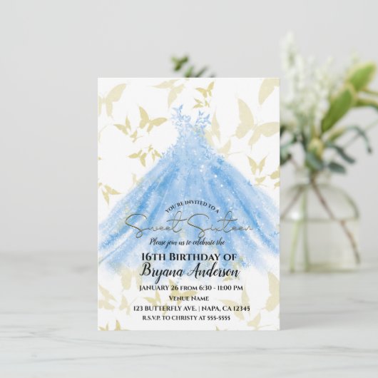 Invitation Robe Bleue Bleue Bleu Bleu Or Douce 16 Partie Inv (Debout devant)