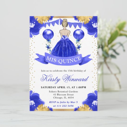 Invitation Robe Bleue Blonde Haired Princesse Quinceanera (Debout devant)