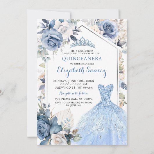 Invitation Robe bleue Boho Dusty Princesse Quinceañera (Devant)