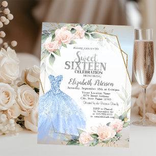 Invitation Robe bleue,Cadre de roses roses argenté Sweet 16