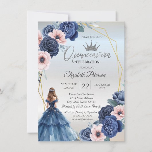 Invitation Robe Bleue, Cadre Fleurs Bleues (Devant)