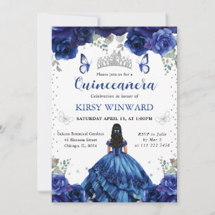 Invitation Robe bleue Cheveux noirs Princesse Quinceanera