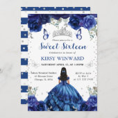 Invitation Robe bleue Cheveux noirs Princesse Sweet 16 (Devant / Derrière)