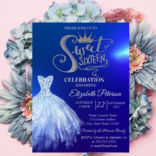 Invitation Robe bleue chic, diamants Blue Sweet 16