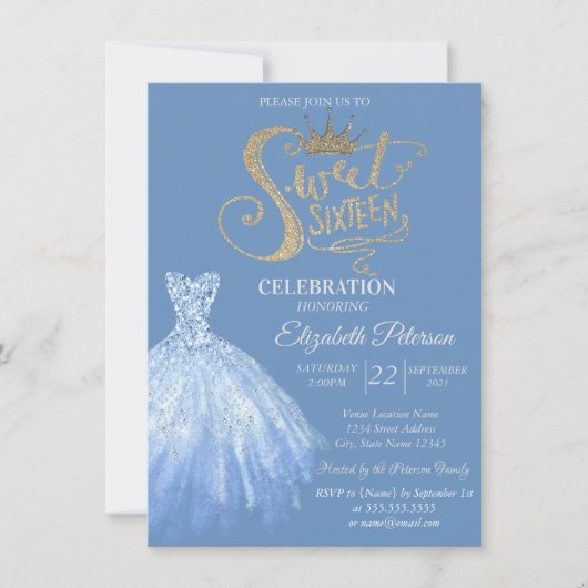 Invitation Robe Bleue Chic, Diamants Doux 16 (Devant)