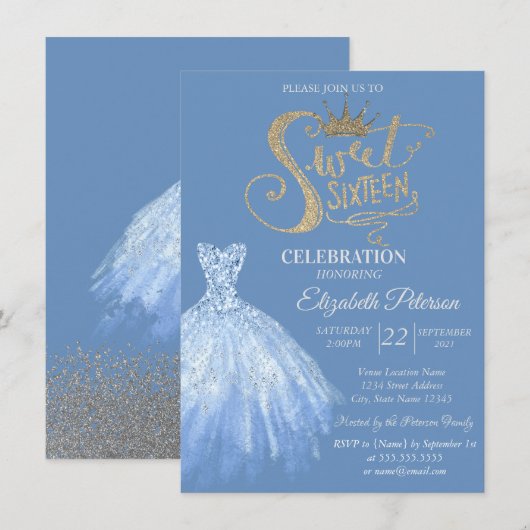 Invitation Robe bleue chic, Diamants Sweet 16 (Devant / Derrière)