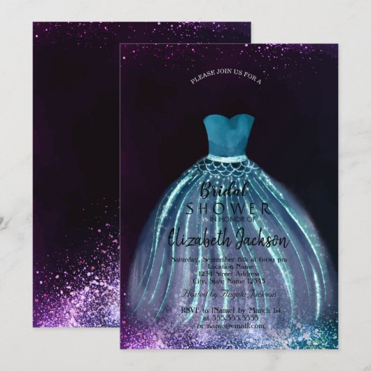 Invitation Robe Bleue Chic Élégante, Fête des mariées (Devant / Derrière)