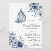 Invitation Robe Bleue Chic Roses Doux 16 (Devant / Derrière)