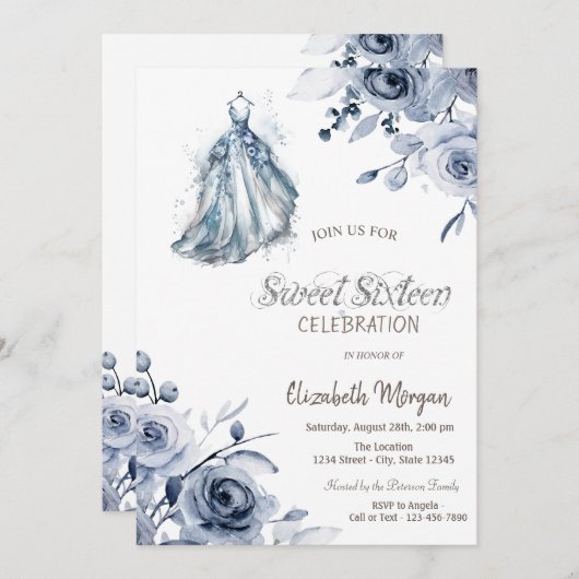 Invitation Robe Bleue Chic Roses Doux 16 (Devant / Derrière)