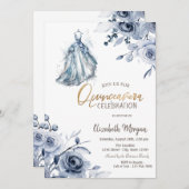 Invitation Robe Bleue Chic Roses Quinceañera (Devant / Derrière)