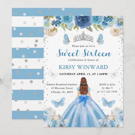 Invitation Robe Bleue Clair Princesse aux Cheveux Rouges Douc (Devant / Derrière)
