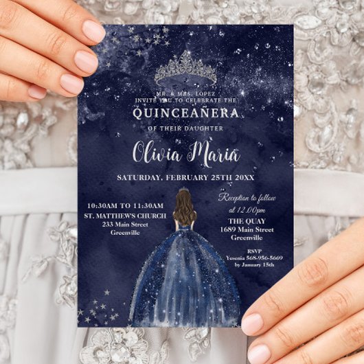 Invitation Robe bleue de la Marine étoilée Silver Quinceañera