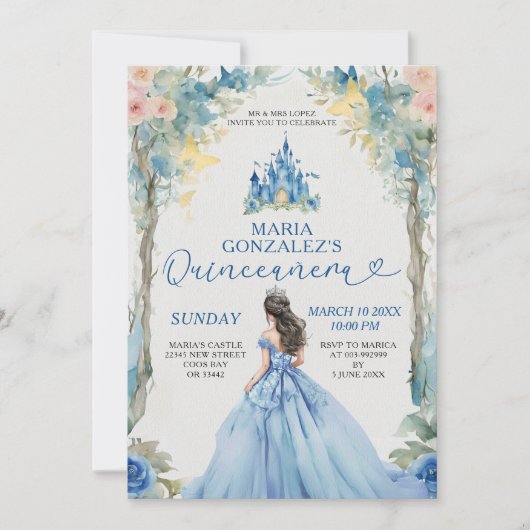 Invitation Robe bleue Dusty Château rose Floral Quinceañera (Devant)