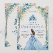 Invitation Robe bleue Dusty Château rose Floral Quinceañera (Devant / Derrière)