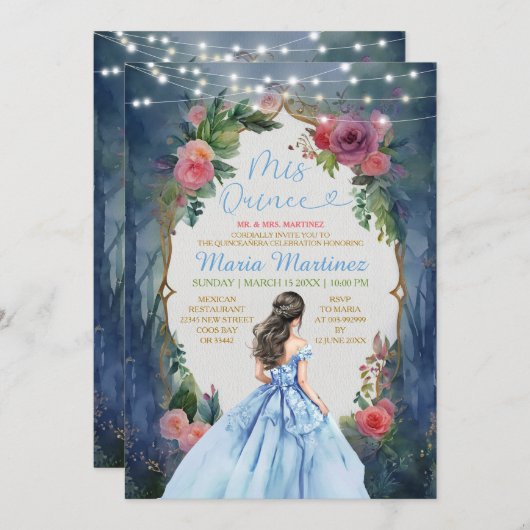 Invitation Robe bleue Dusty Forêt foncée Floral Mis Quince (Devant / Derrière)
