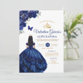 Invitation Robe Bleue fille Quinceañera 15 Anos Fleurs Or (Debout devant)