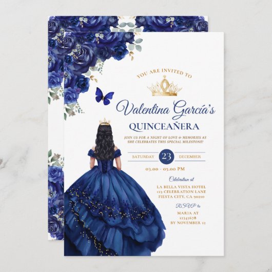 Invitation Robe Bleue fille Quinceañera 15 Anos Fleurs Or (Devant / Derrière)