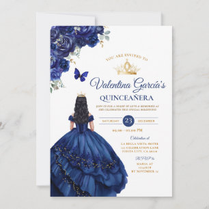 Invitation Robe Bleue fille Quinceañera 15 Anos Fleurs Or