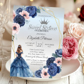 Invitation Robe Bleue, Fleurs Bleues Frame Sweet 16