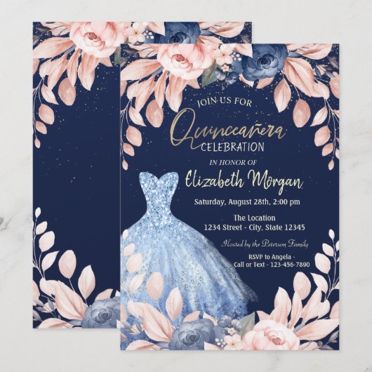 Invitation Robe bleue Floral Quinceañera (Devant / Derrière)